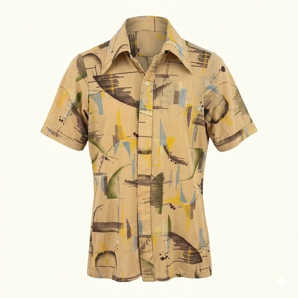 Christopher Rand Abstract Geometric Disco Shirt Yellow Nylon Men M S Vintage 70s